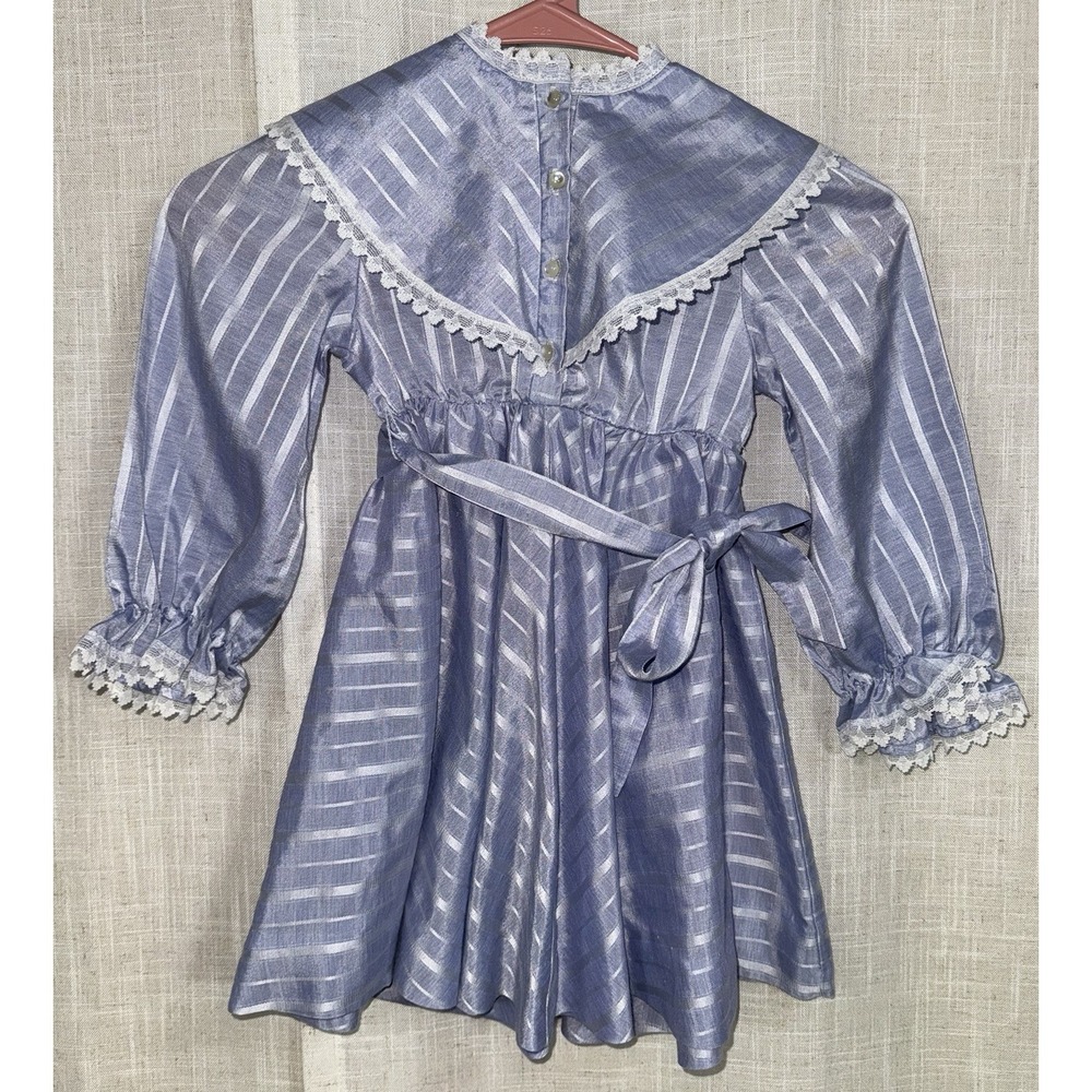 Vintage Girls Dress Ruth Of Carolina Size 5 Blue Stripe Cottage Core Lace Prarie